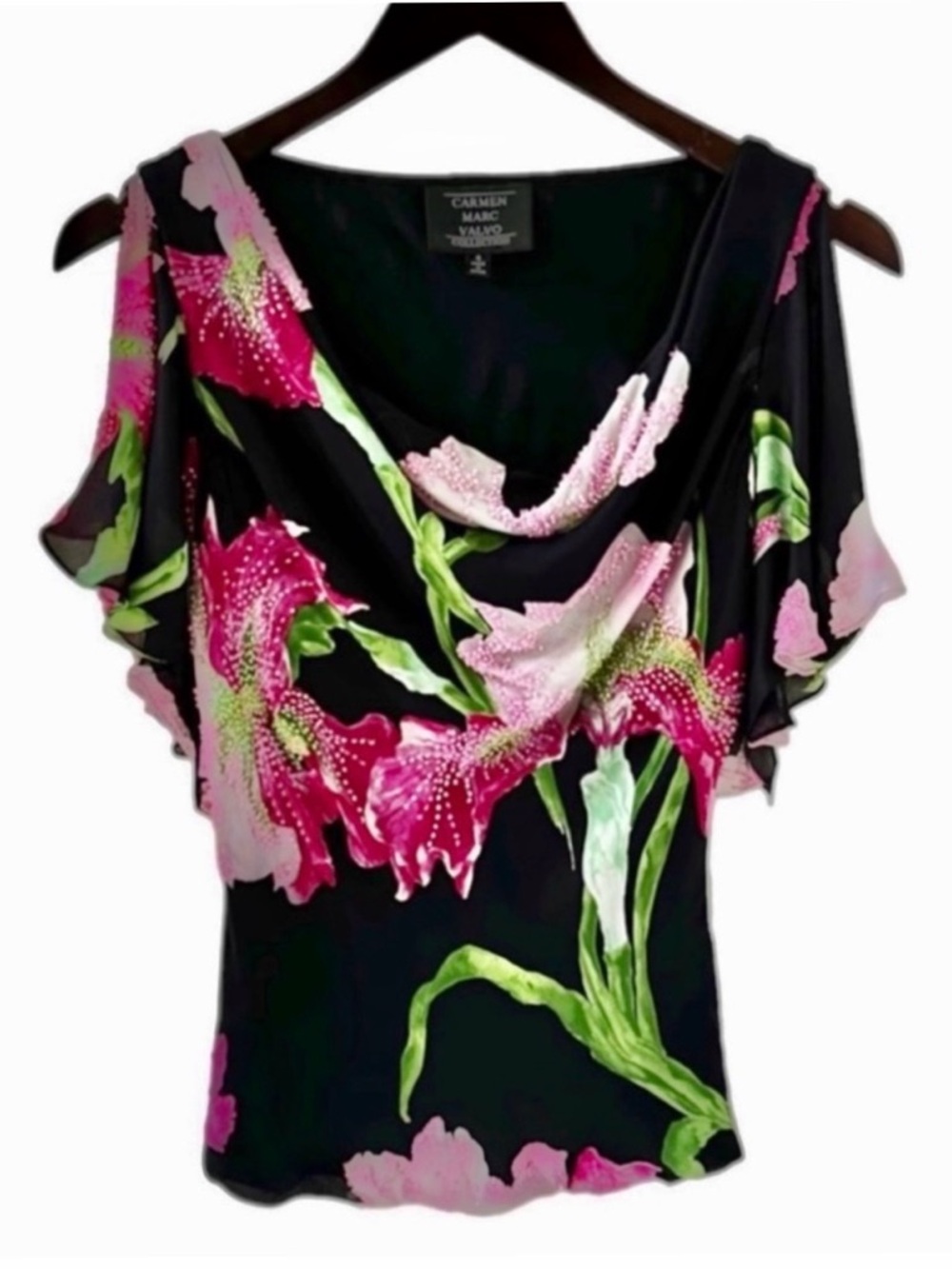 Carmen Marc Valvo Black Floral Print Draped Neck Short Sleeve Silk Top Size 4